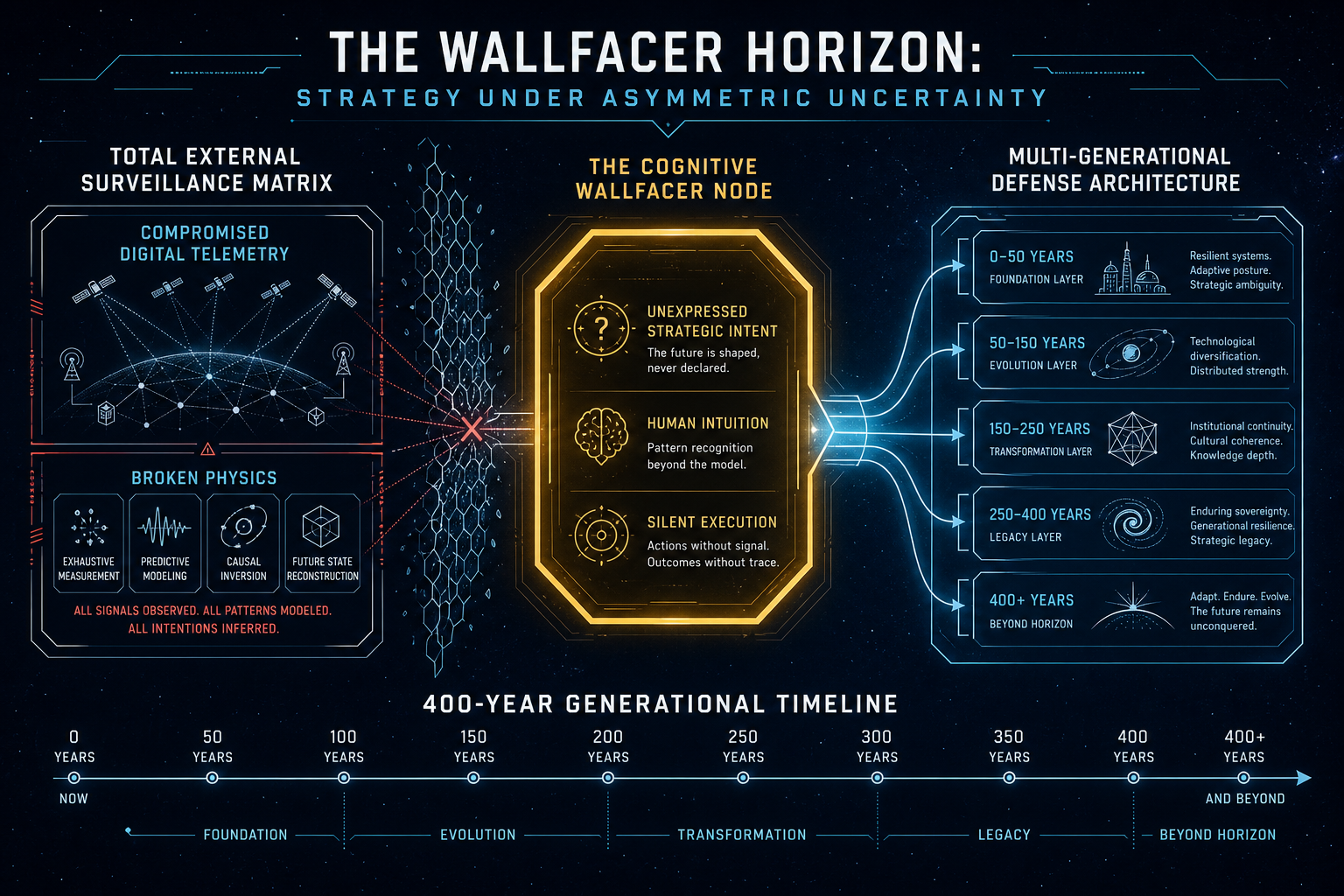 Figure 46.1: The Wallfacer Horizon strategy illustrating decision-making enclaves under ubiquitous intelligence compromise.