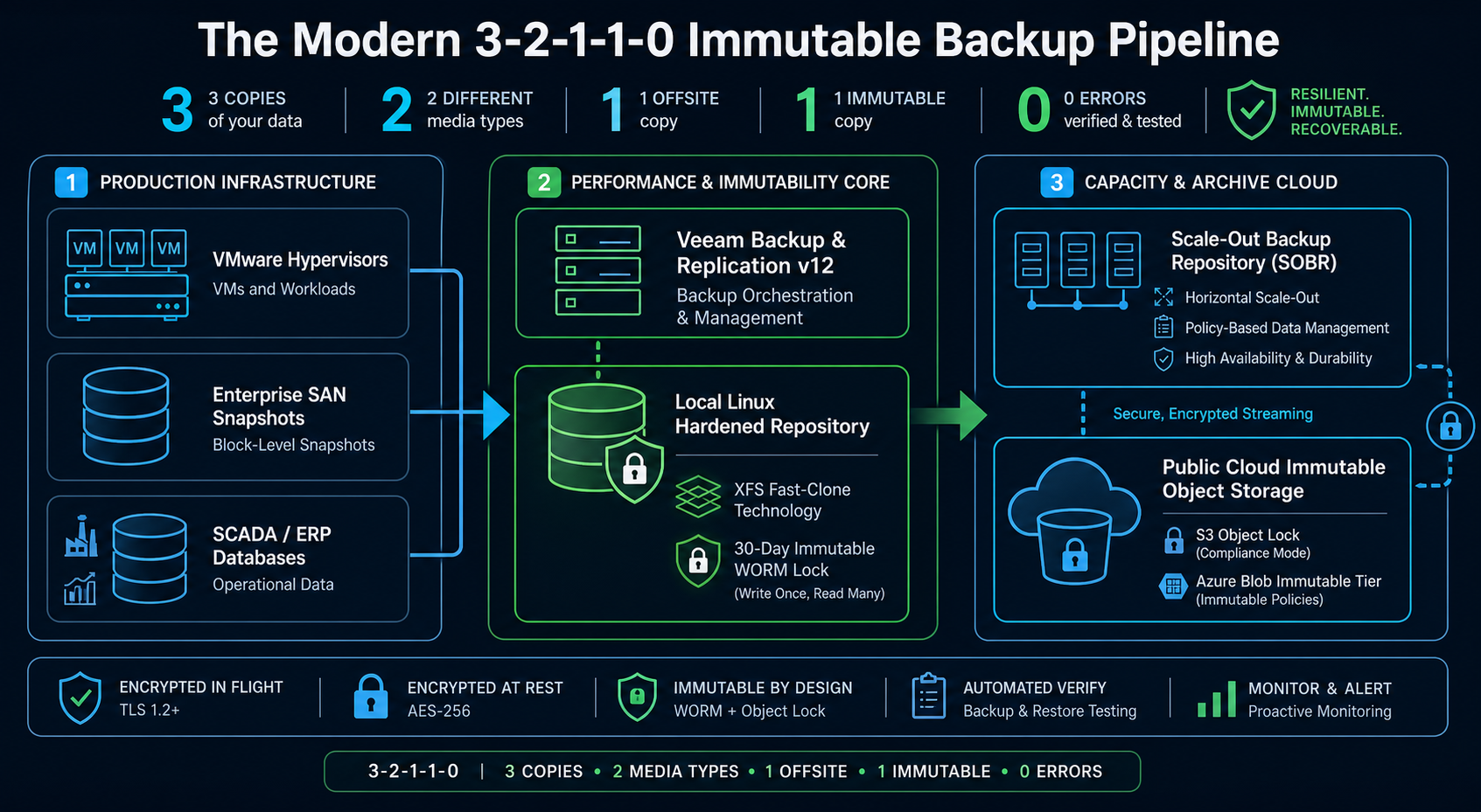 Figure 57.1: The Modern 3-2-1-1-0 Backup Pipeline illustrating local immutable Linux repositories and scale-out cloud object locking.