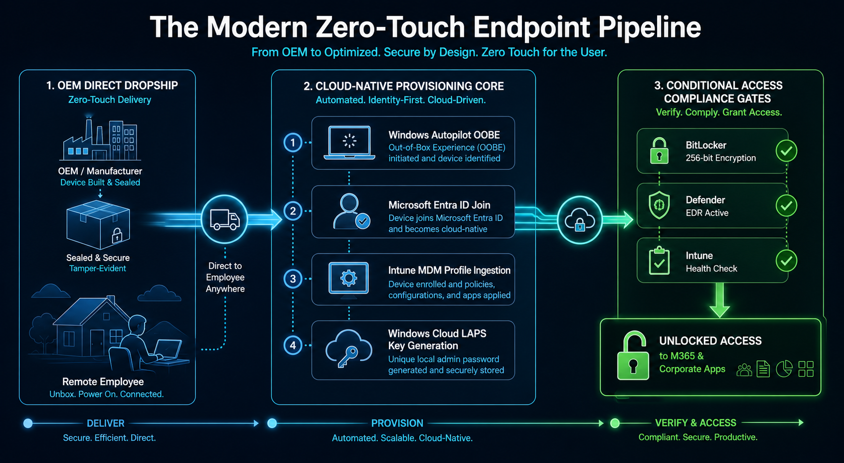 Figure 58.1: The Zero-Touch Endpoint Architecture showing cloud-native Autopilot deployment, dynamic LAPS generation, and conditional access validation.