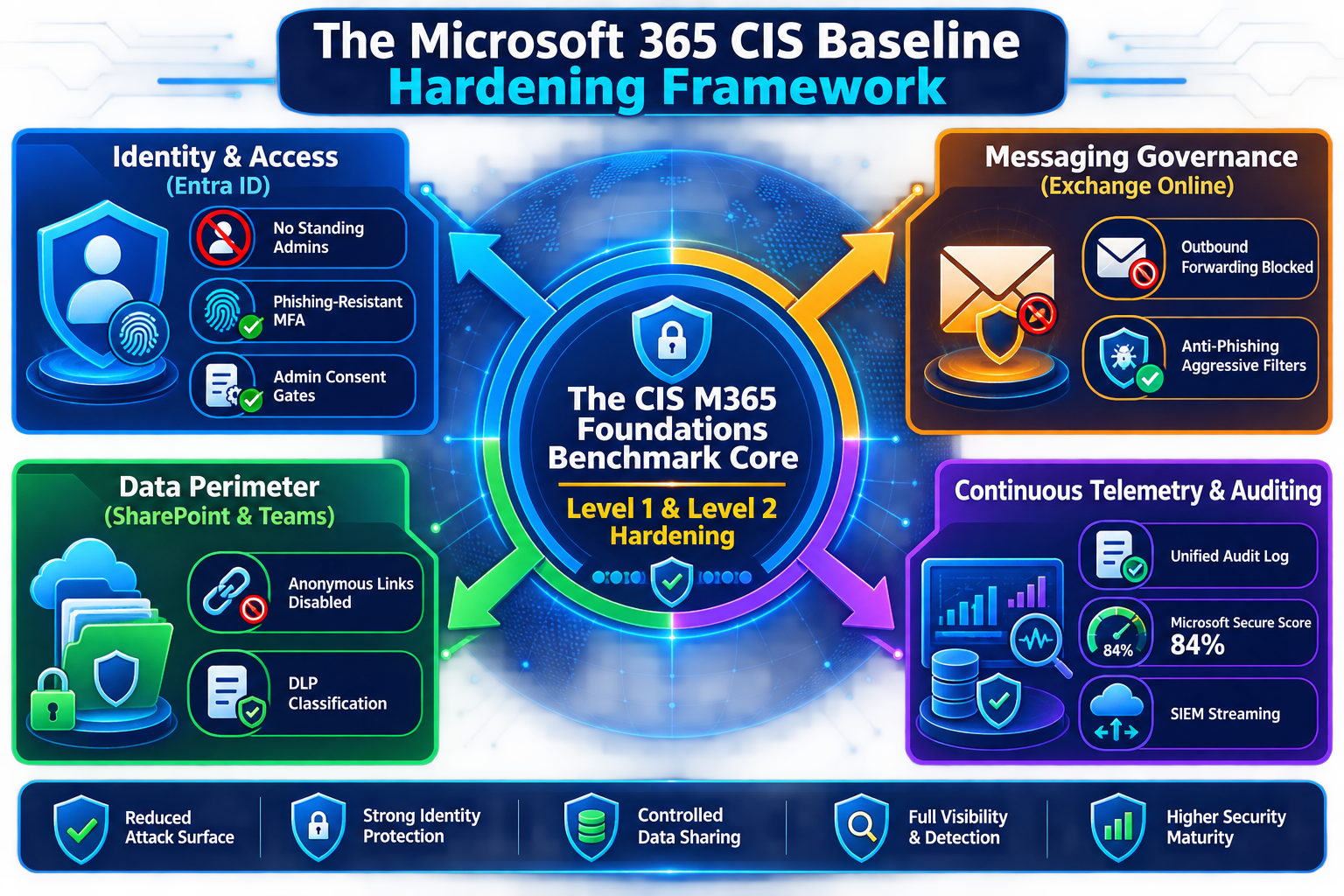 Figure 56.1: The Microsoft 365 CIS Benchmark Hardening Architecture showing configuration pillars and continuous compliance controls.