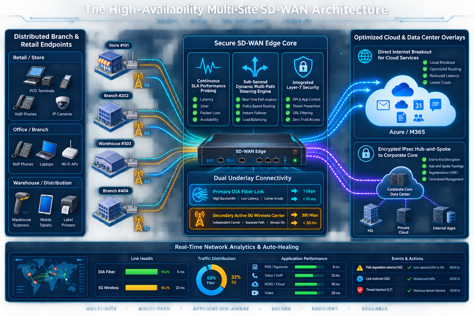 Figure 59.1: The Enterprise Secure SD-WAN Architecture showing active-active underlays, automated SLA probing, and direct cloud breakout.