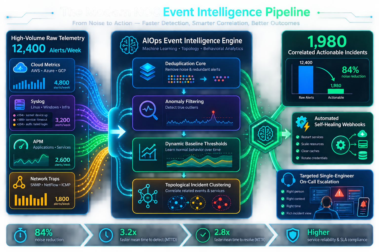 Figure 53.1: The Event Intelligence Pipeline demonstrating how raw telemetry is aggregated, filtered, and clustered into actionable incidents.