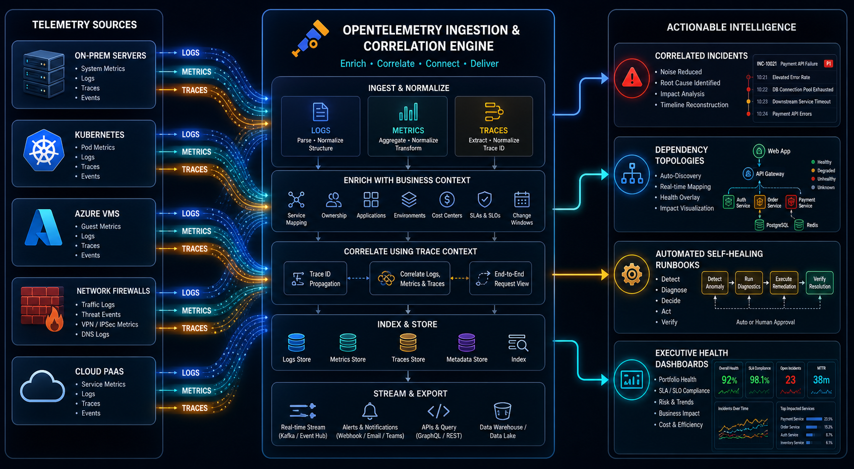 Figure 10.1: The Unified Observability Pipeline correlating raw telemetry into actionable service intelligence.