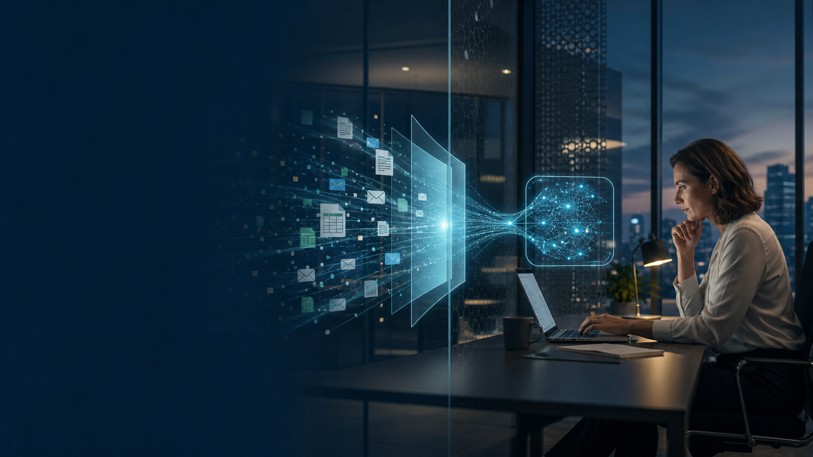 An employee using generative AI while corporate documents cross a digital governance boundary